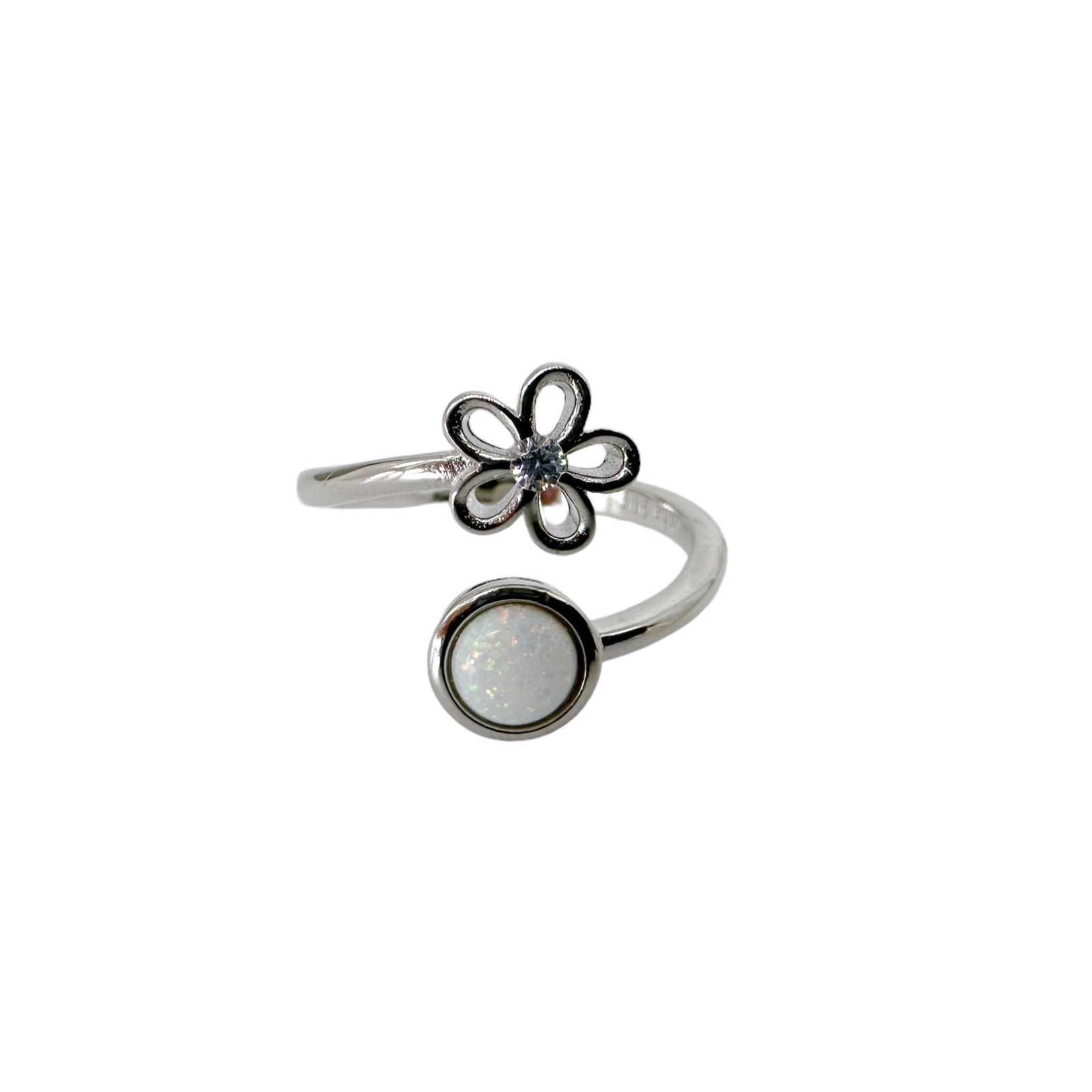 Sterling Silver Adjustable Ring Flower Synthetic Opal White