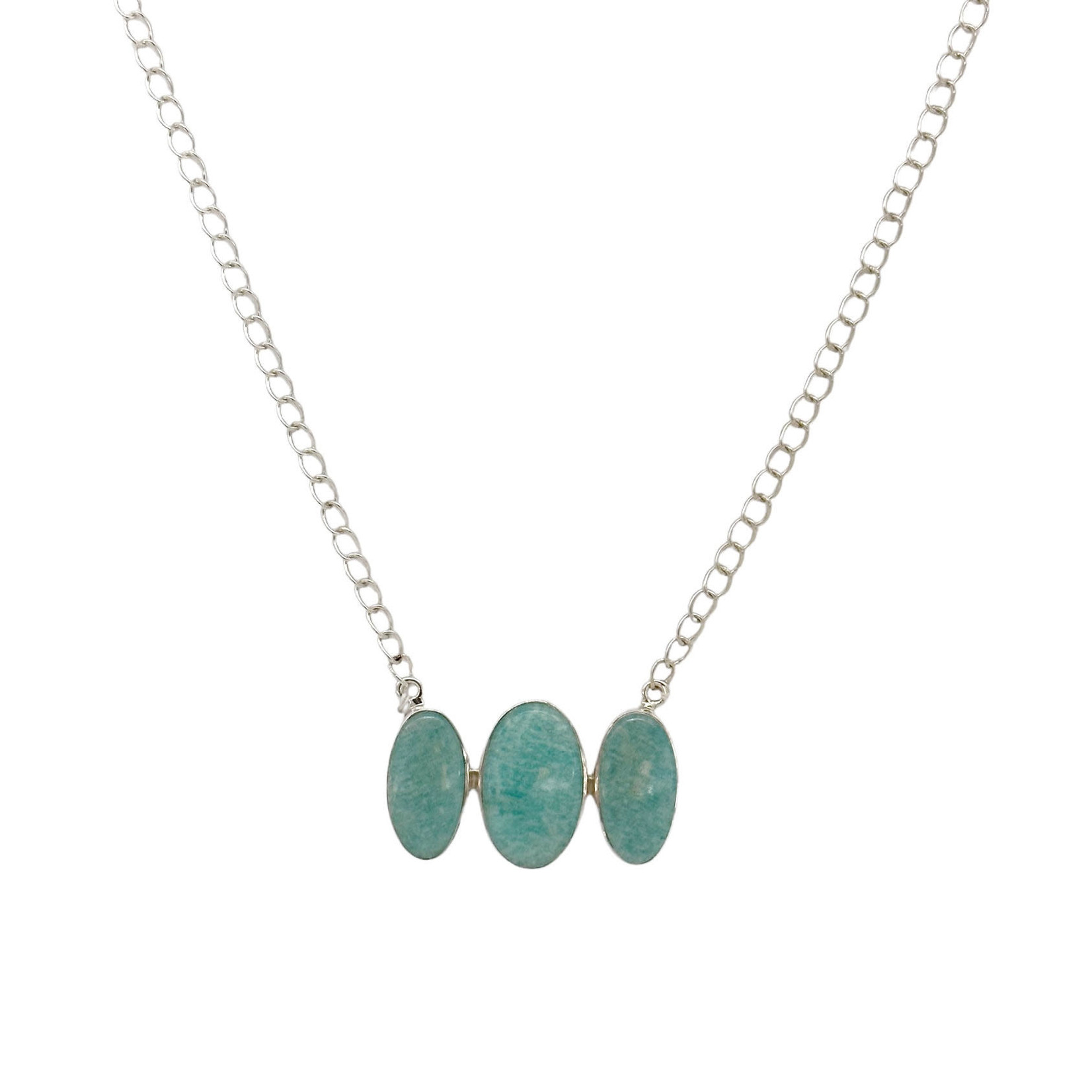 Sterling Silver Adjustable Necklace with 1, 19mm and 2, 17.5mm Oval Amazonite Gemstones
