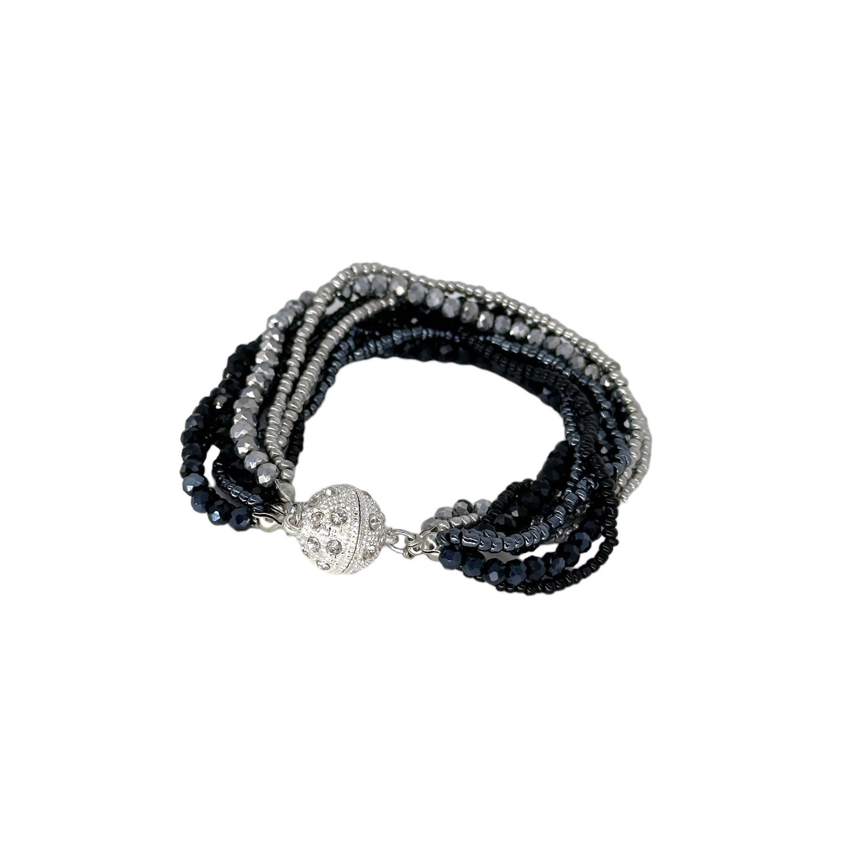 Glass and Faceted Bead Bracelet with Magnetic Ball Clasp Black & Silver