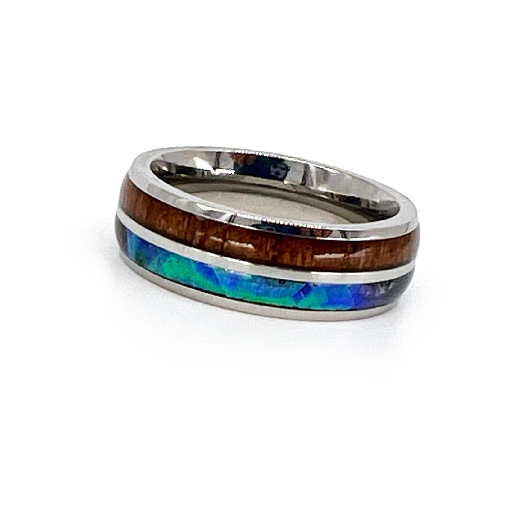 Men's 8mm Stainless Steel Ring with Paua Shell and Hawaiian Koa Wood