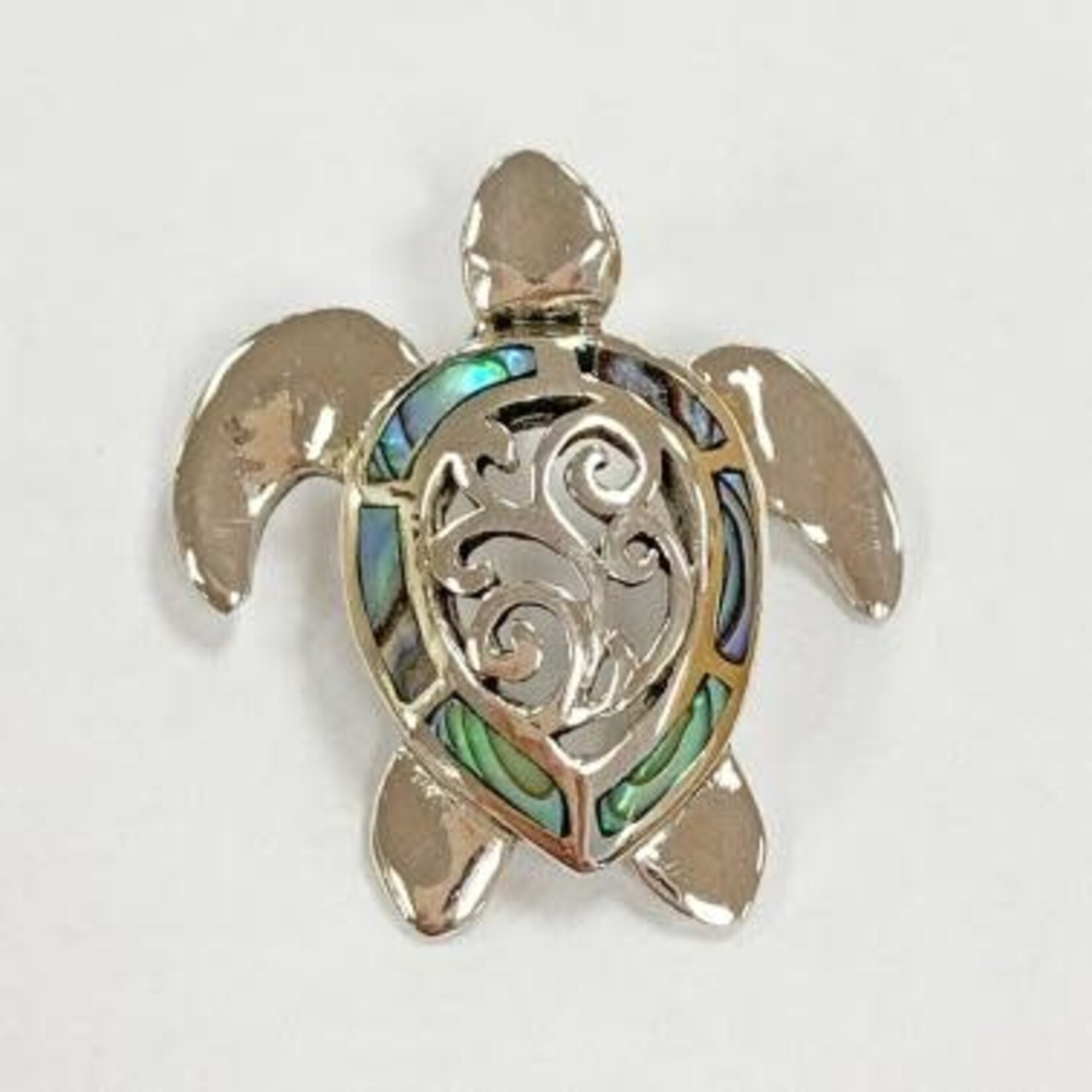 P297 Sterling Silver Carved Back Paua Edge Turtle Pendant