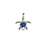 P364 Sterling Silver Blue Sparkle Plumeria Back Turtle Pendant