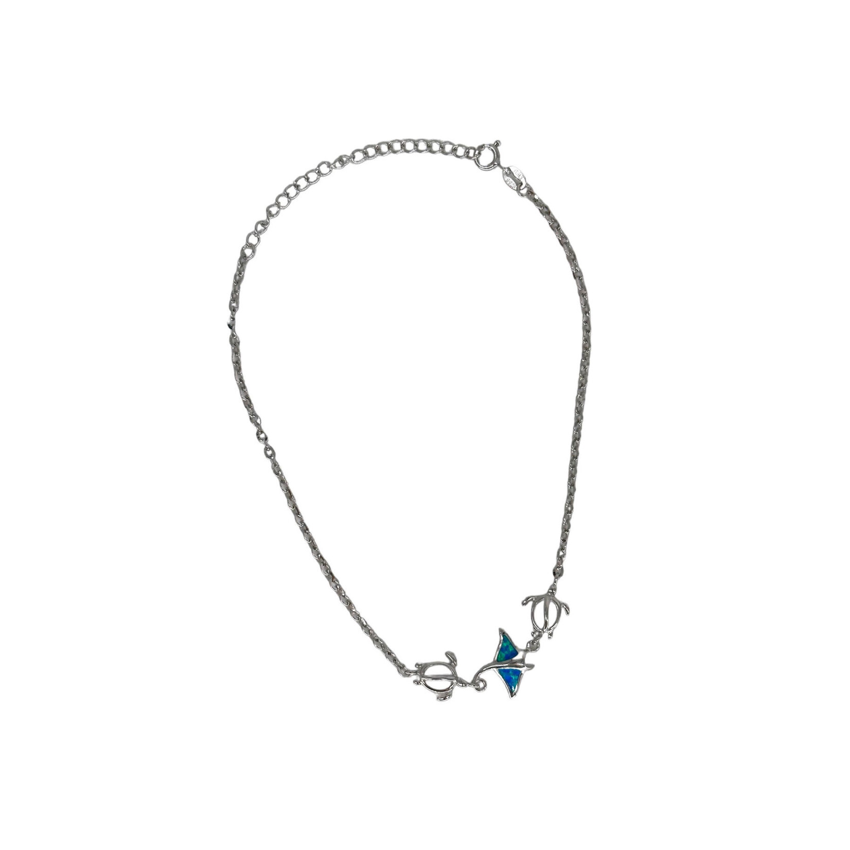 Sterling Silver Synthetic Opal Manta Ray and Turtle Anklet