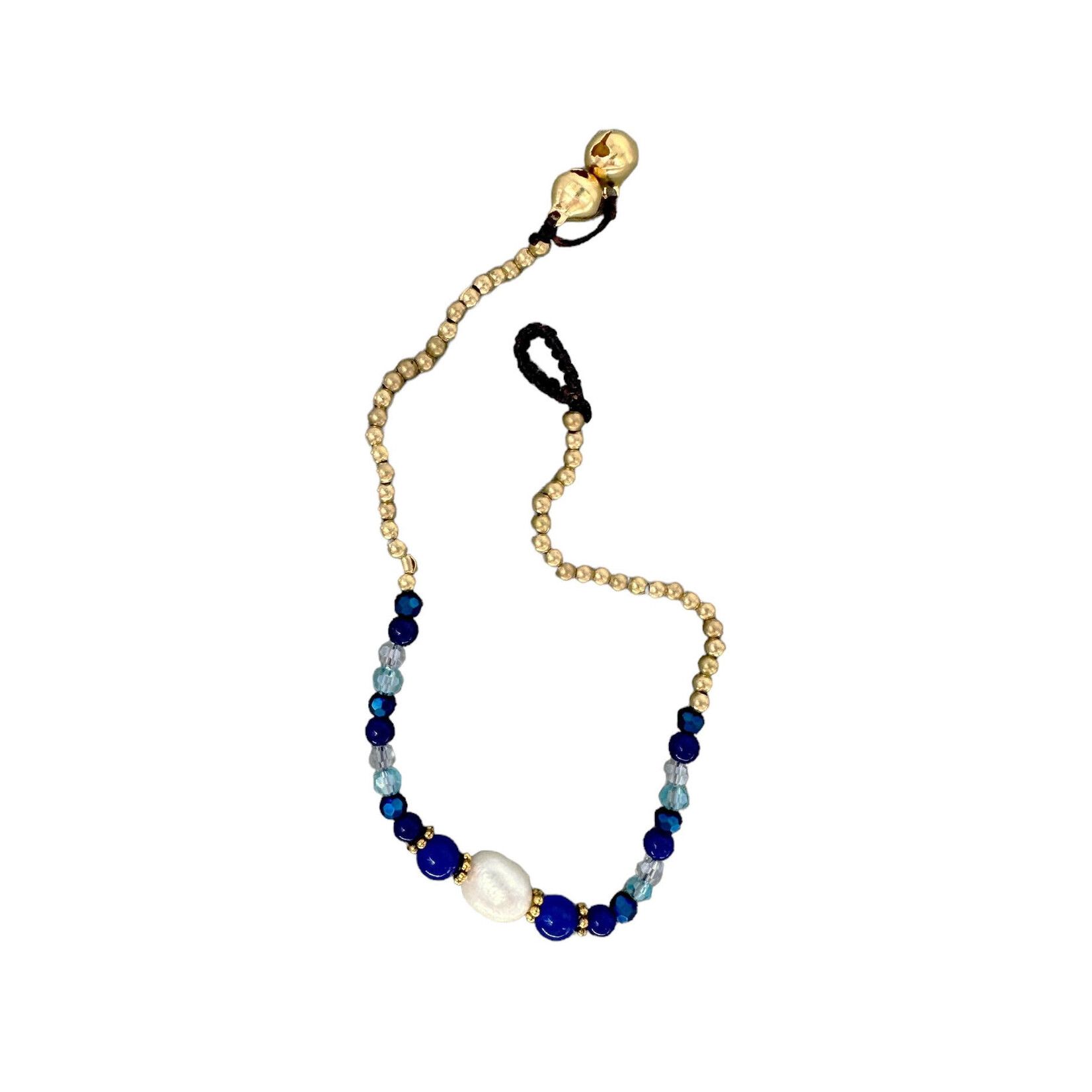 Pearl and Brass and Glass Bead Anklet Light Blue/Dark Blue BA6