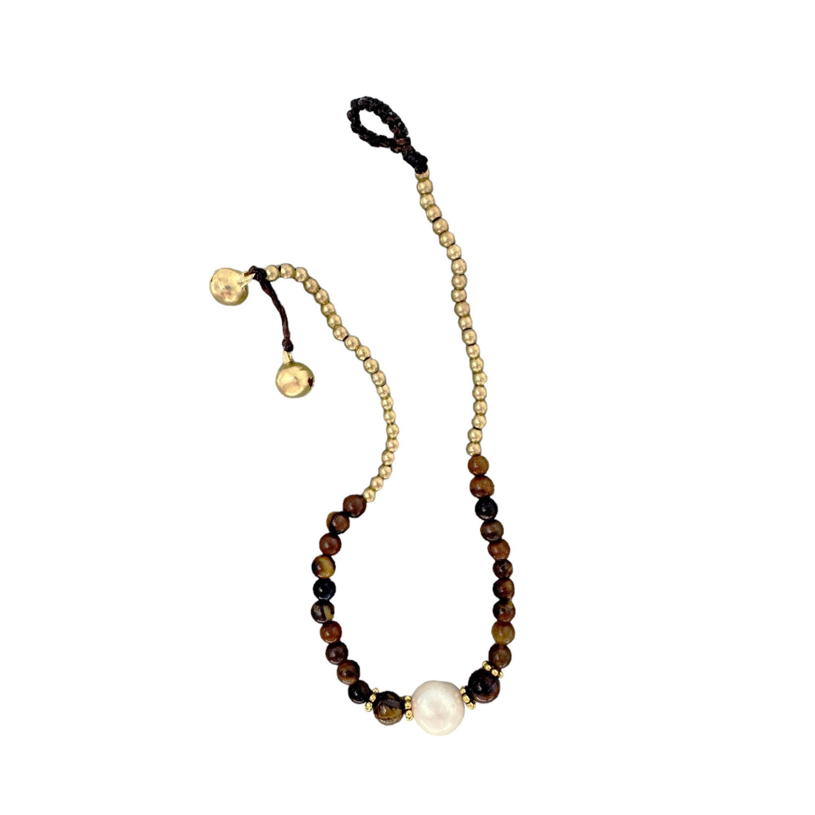 Pearl, Tiger Eye Gemstone and Brass Bead Anklet BA13