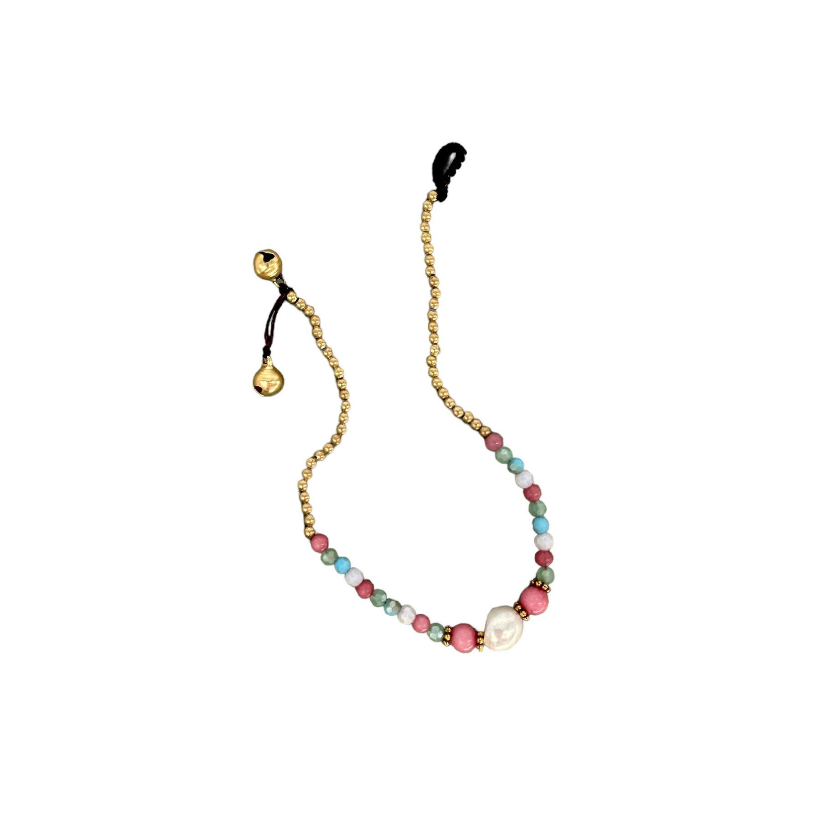 Pearl and Brass and Glass Bead Anklet Pink/Green/Blue BA7