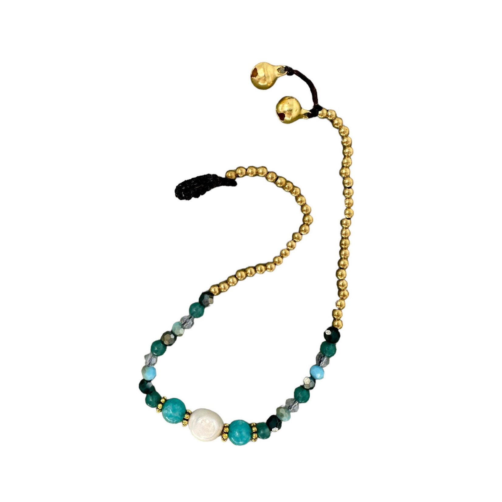 Pearl and Brass and Glass Bead Anklet Green/Blue BA8