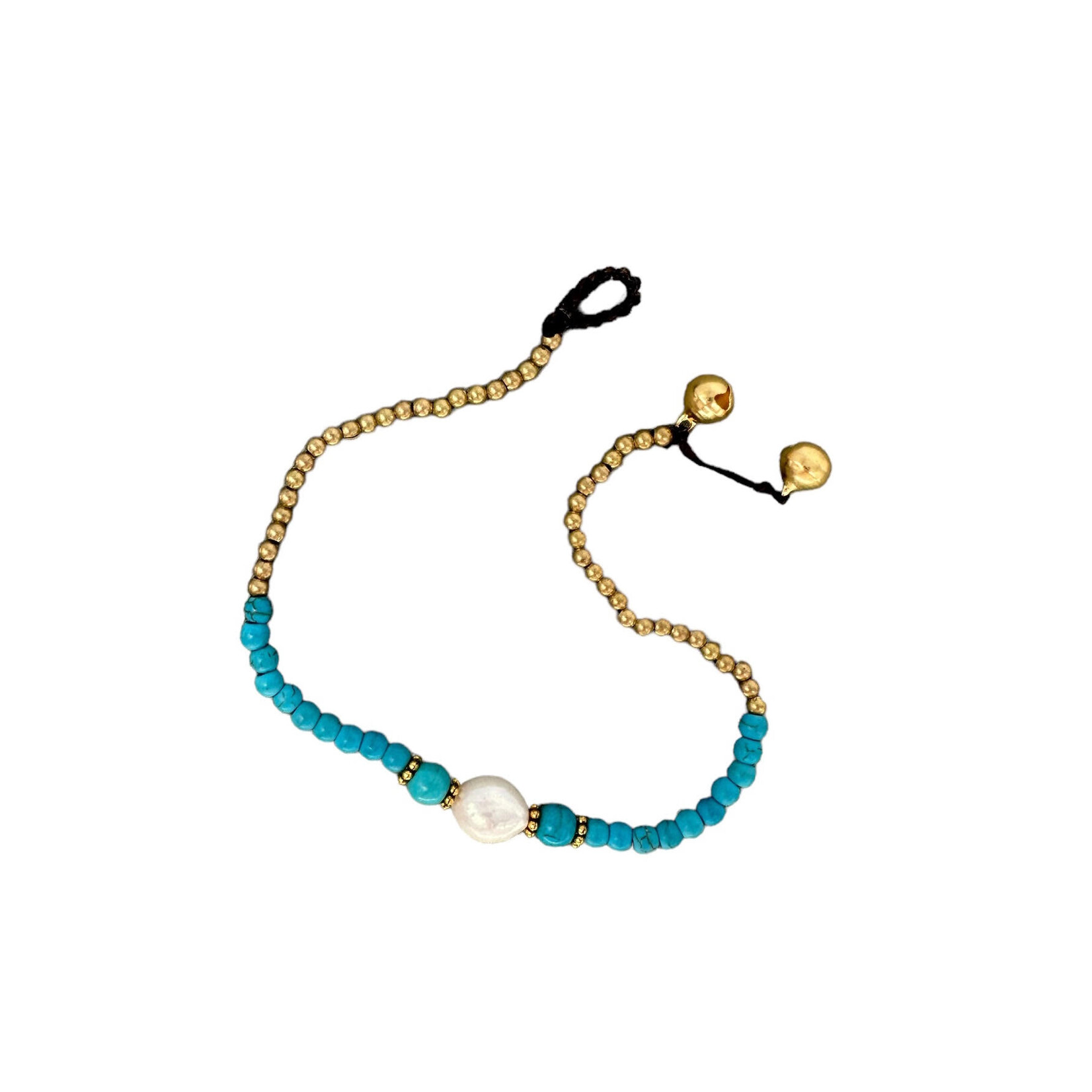Pearl, Turquoise Gemstone and Brass Bead Anklet BA10