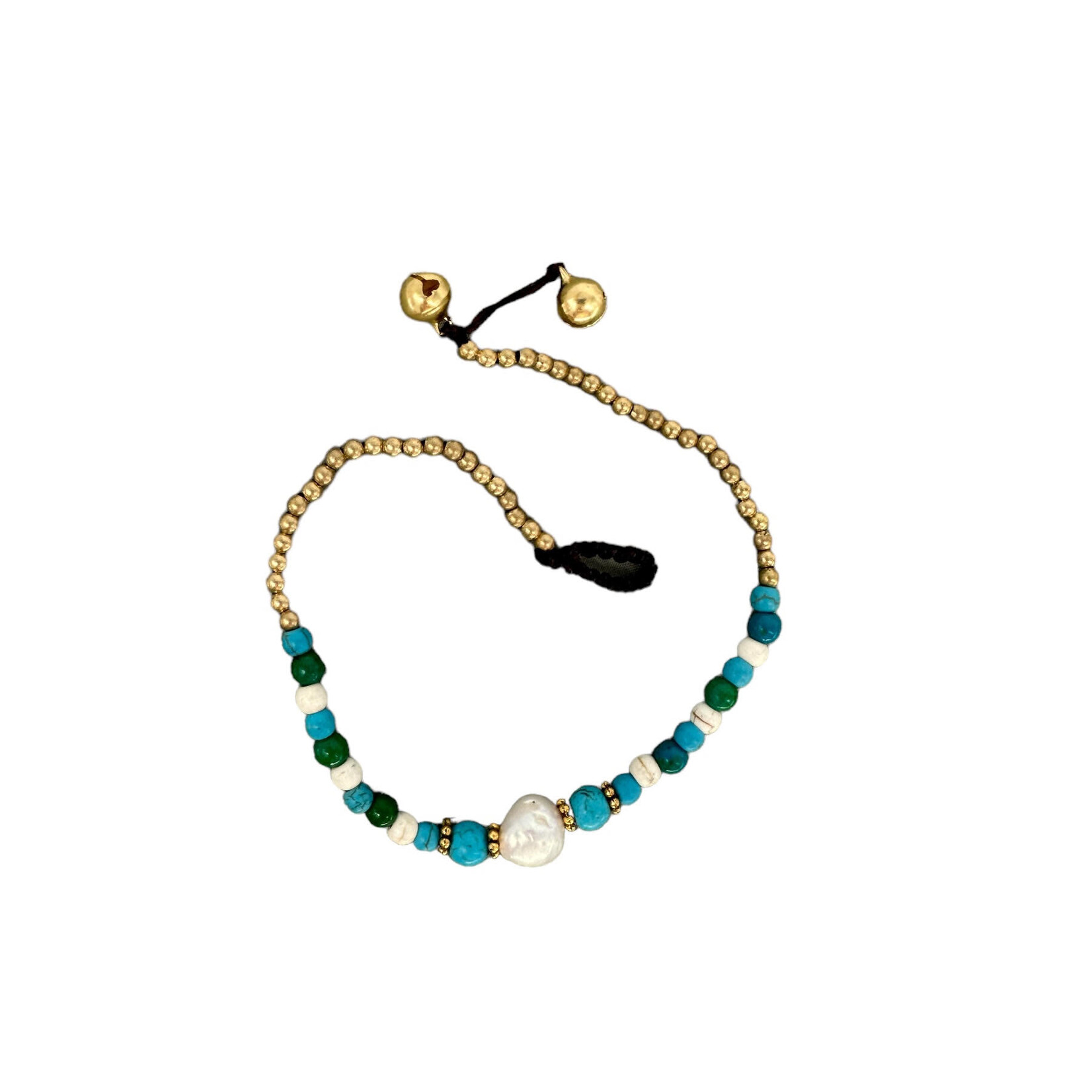 Pearl, and Howlite, Chrysocolla, and Turquoise Gemstone and Brass Bead Anklet BA12