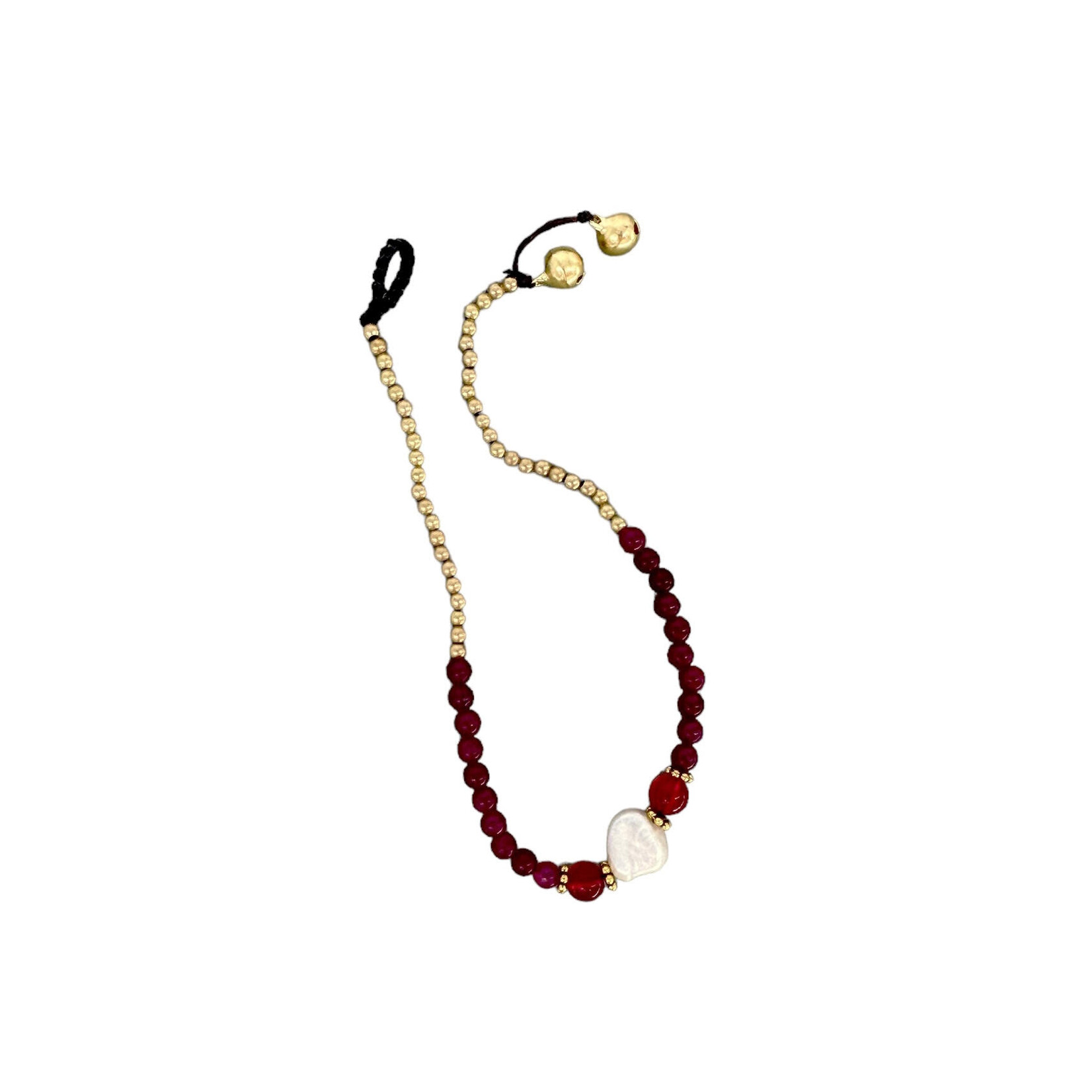 Pearl and Brass and Glass Bead Anklet Red BA2