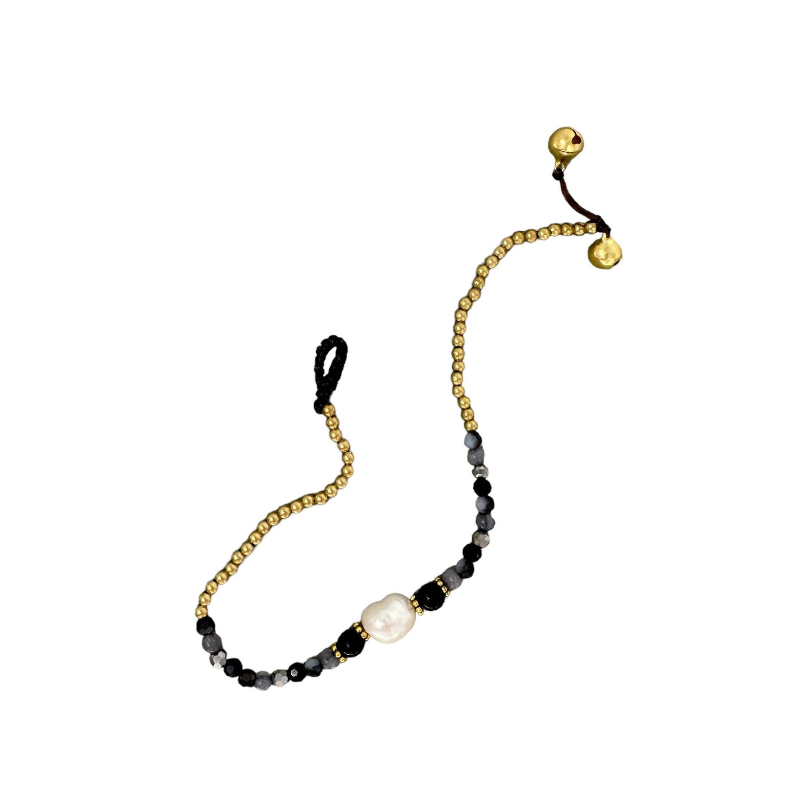 Pearl and Brass and Glass Bead Anklet Black/Grey BA4