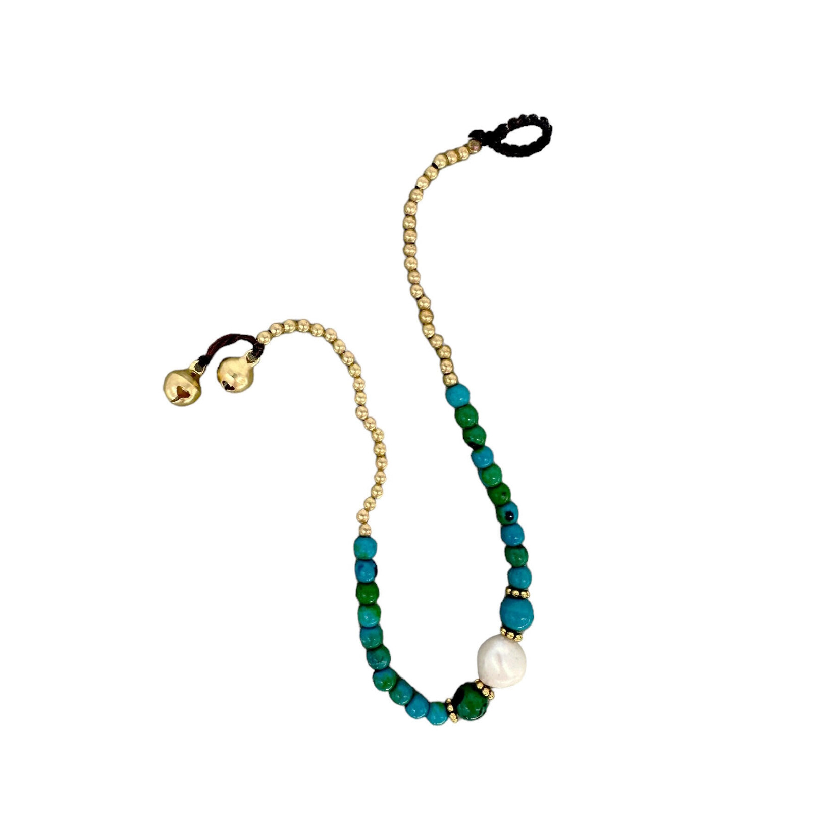 Pearl, Chrysocolla Gemstone and Brass Bead Anklet BA11
