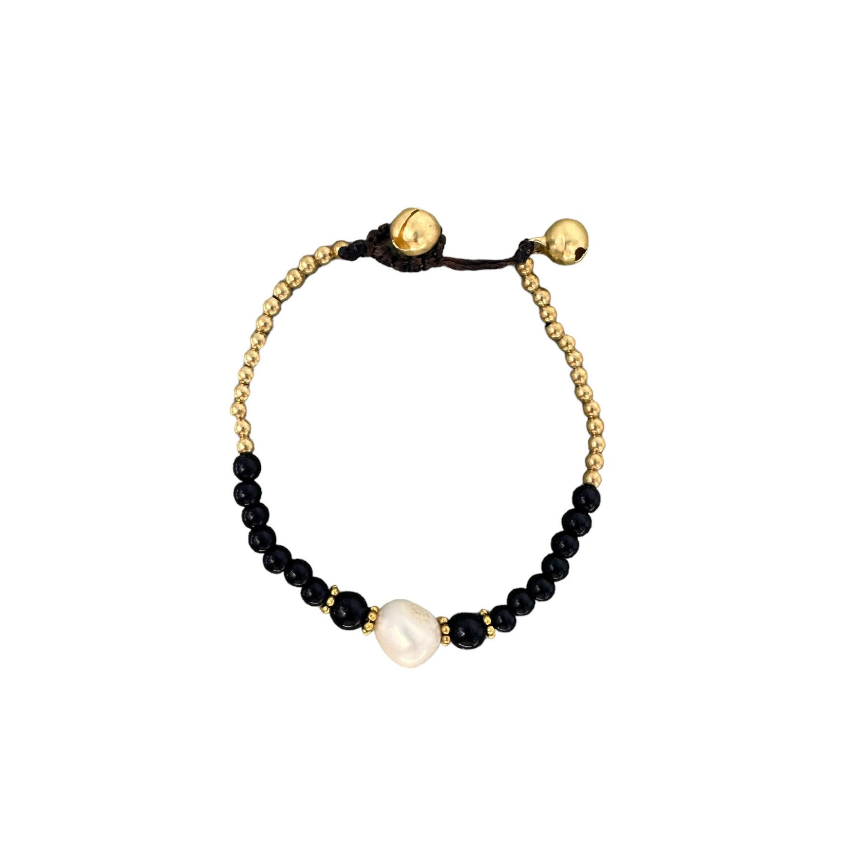 Pearl, Onyx Gemstone and Brass Bead Anklet BA14