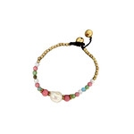 Pearl and Brass and Glass Bead Bracelet Pink/Green/Blue BB7