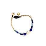 Pearl and Brass and Glass Bead Bracelet Light Blue/Dark Blue BB6