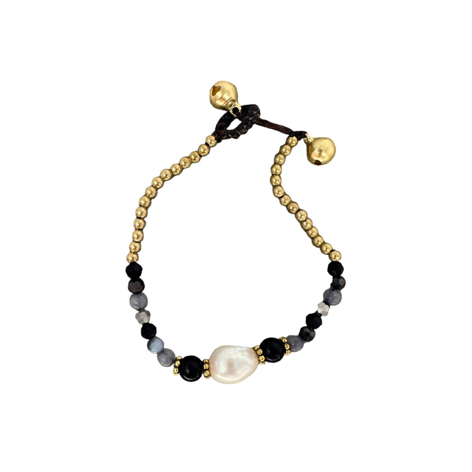 Pearl and Brass and Glass Bead Bracelet Black and Grey BB4