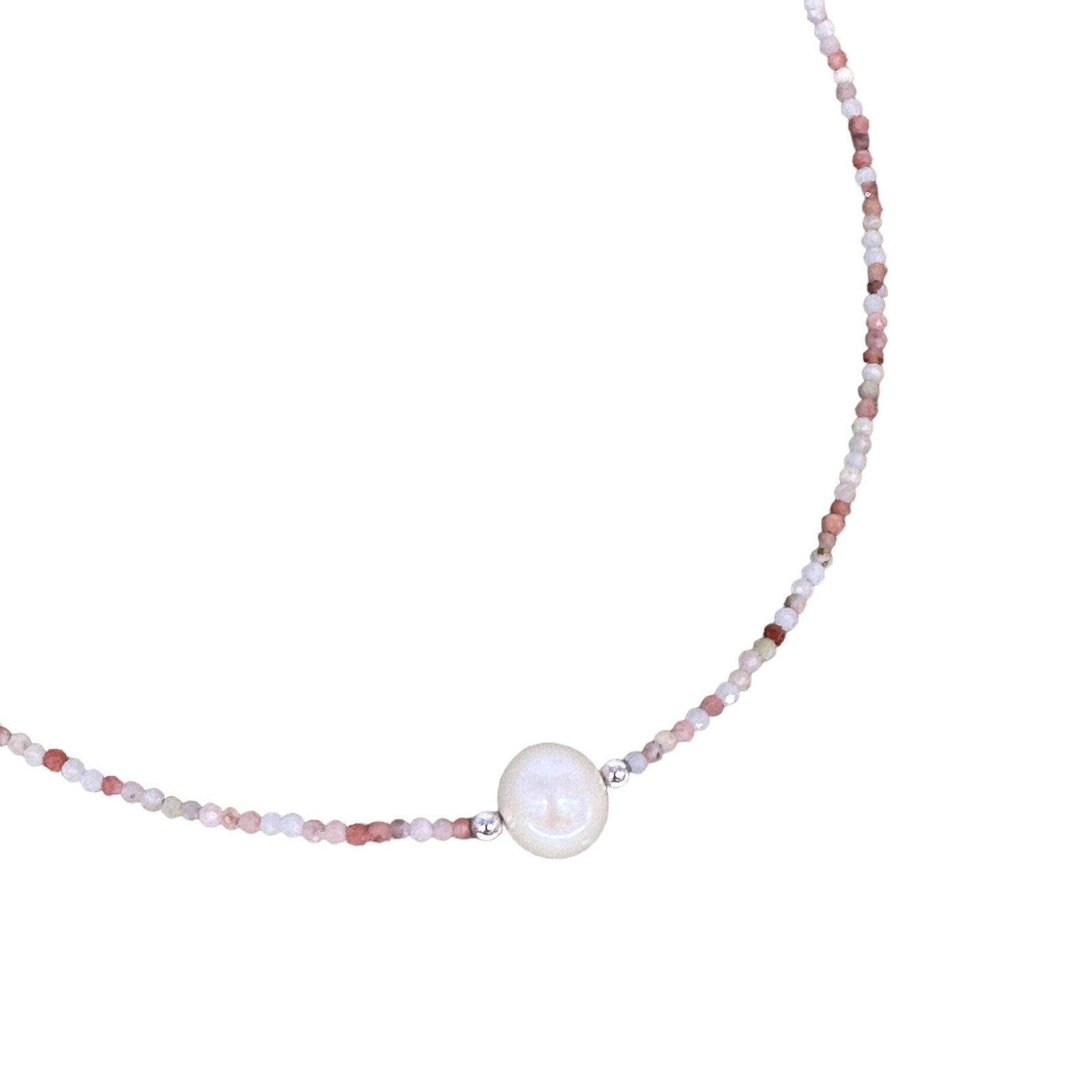 Pink Opal White Pearl Adjustable 16-18" 2mm Gemstone Bead Necklace
