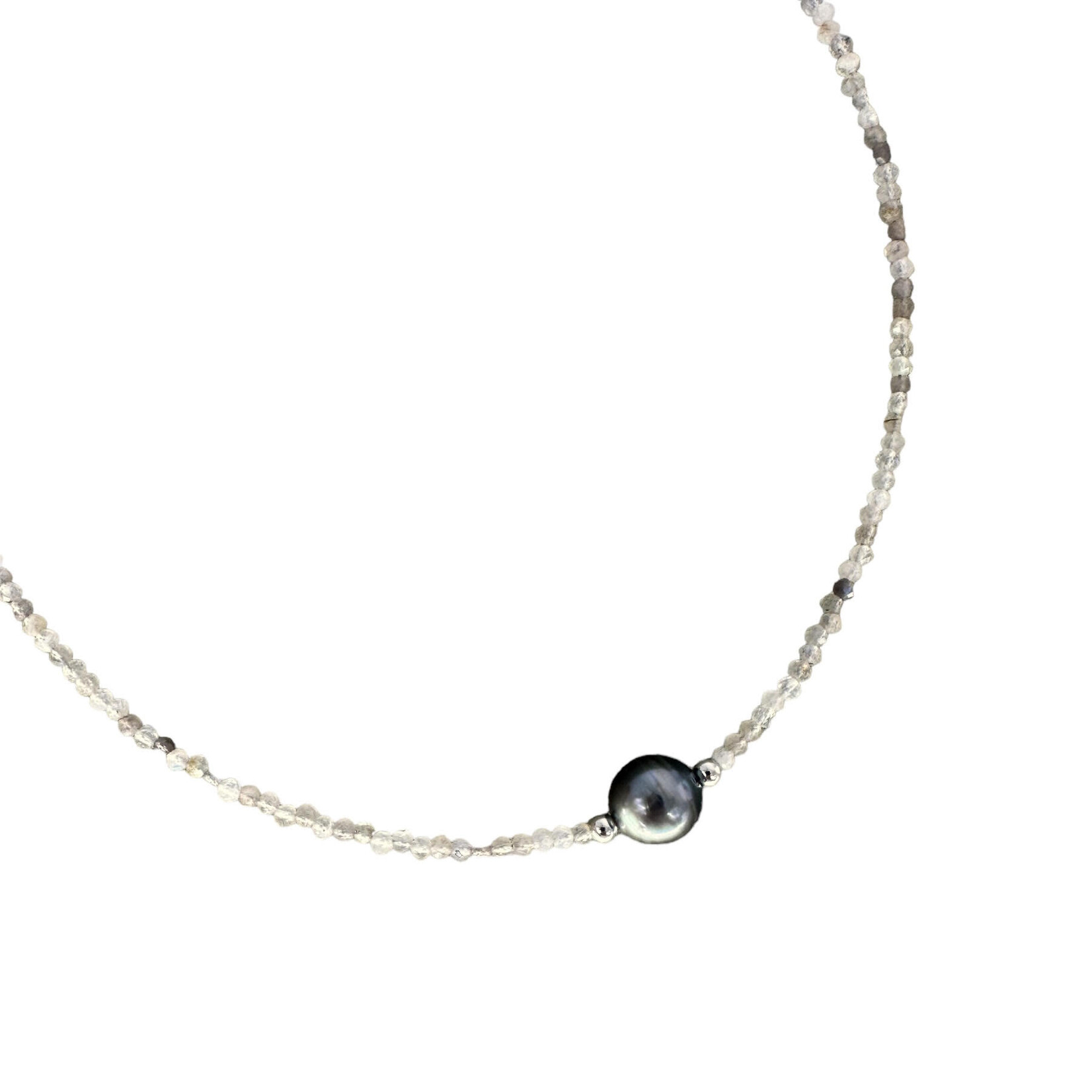 Black Dot Labradorite Tahitian Pearl Adjustable 16-18" 2mm Gemstone Bead Necklace