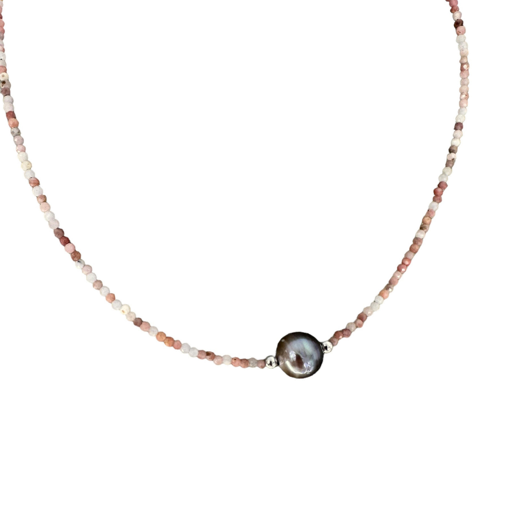 Pink Opal Tahitian Pearl Adjustable 16-18" 2mm Gemstone Bead Necklace