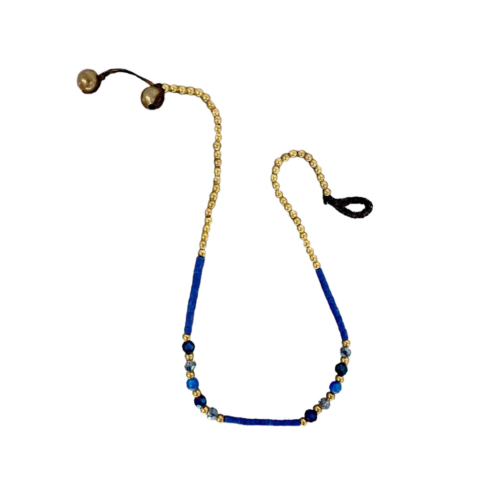 Brass, Glass, and Clay Bead Anklet Blue BA28