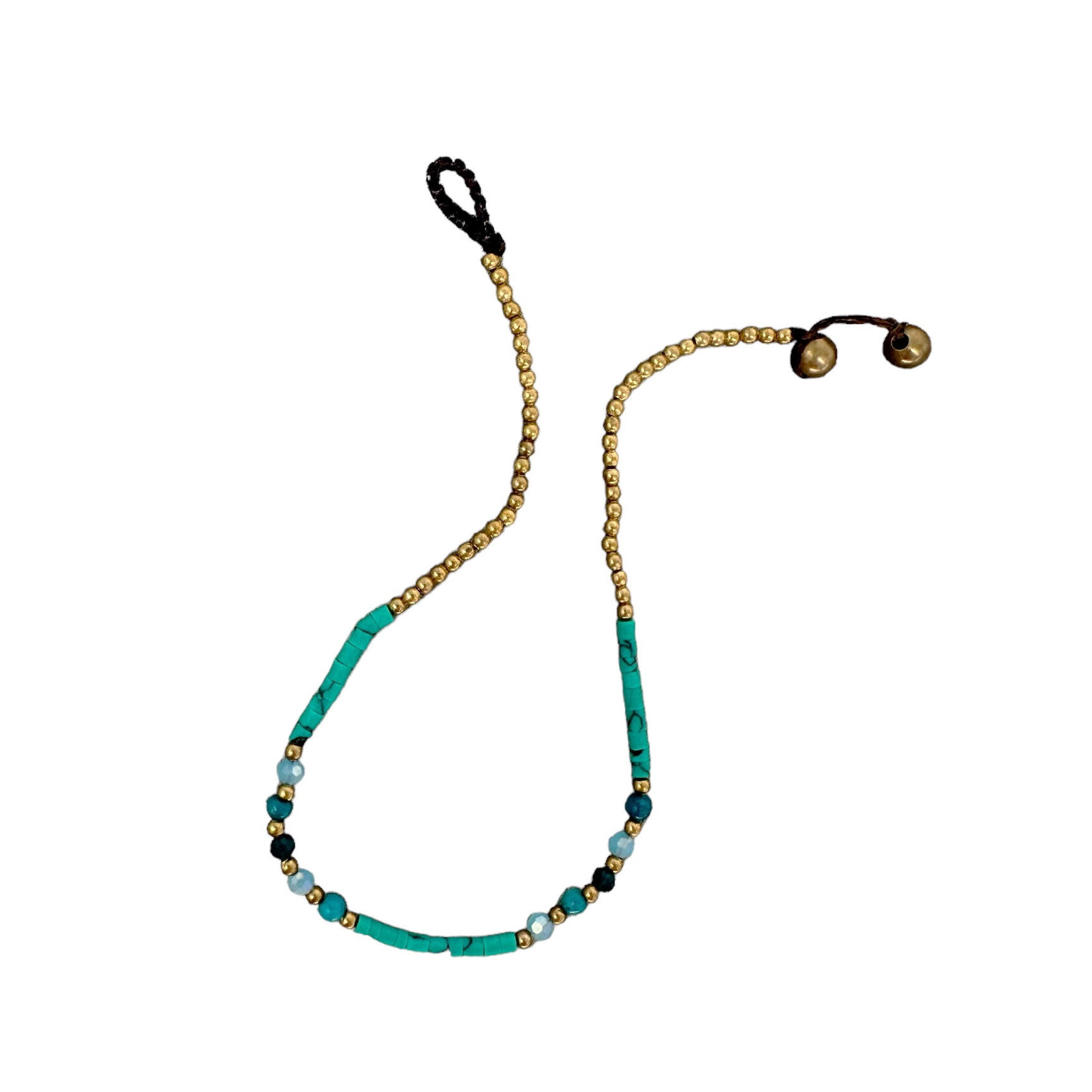 Brass, Glass, and Clay Bead Anklet Kelly Green BA31