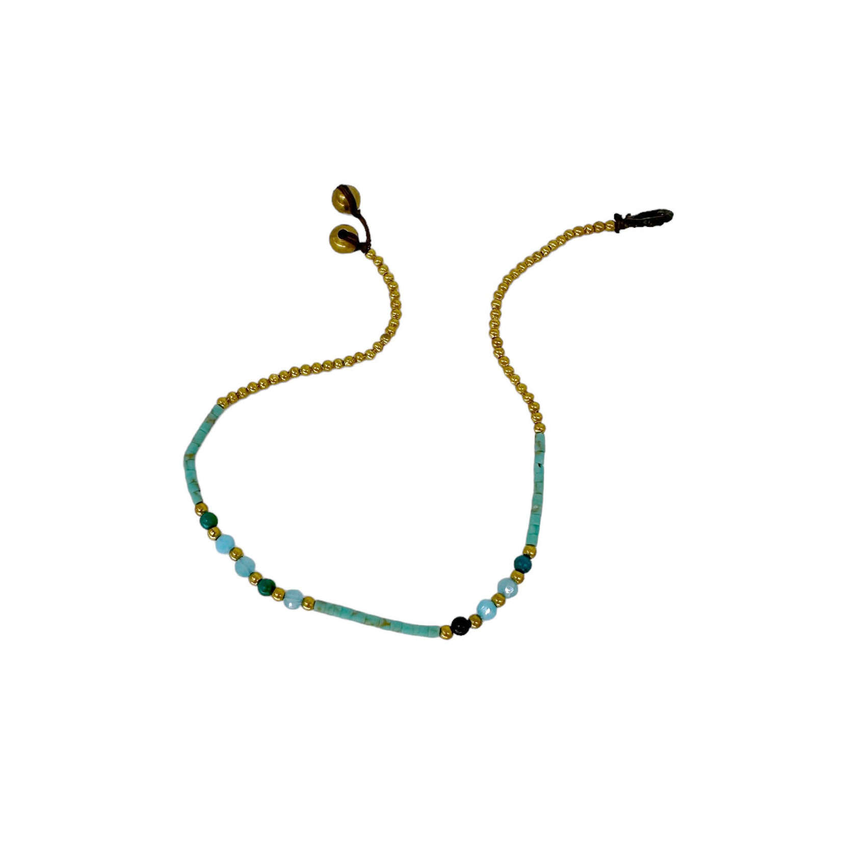Brass, Glass, and Clay Bead Anklet Aqua Green BA35