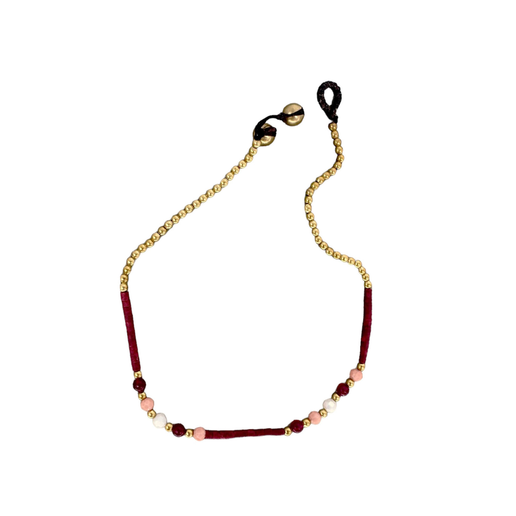 Brass, Glass, and Clay Bead Anklet Burgundy BA37