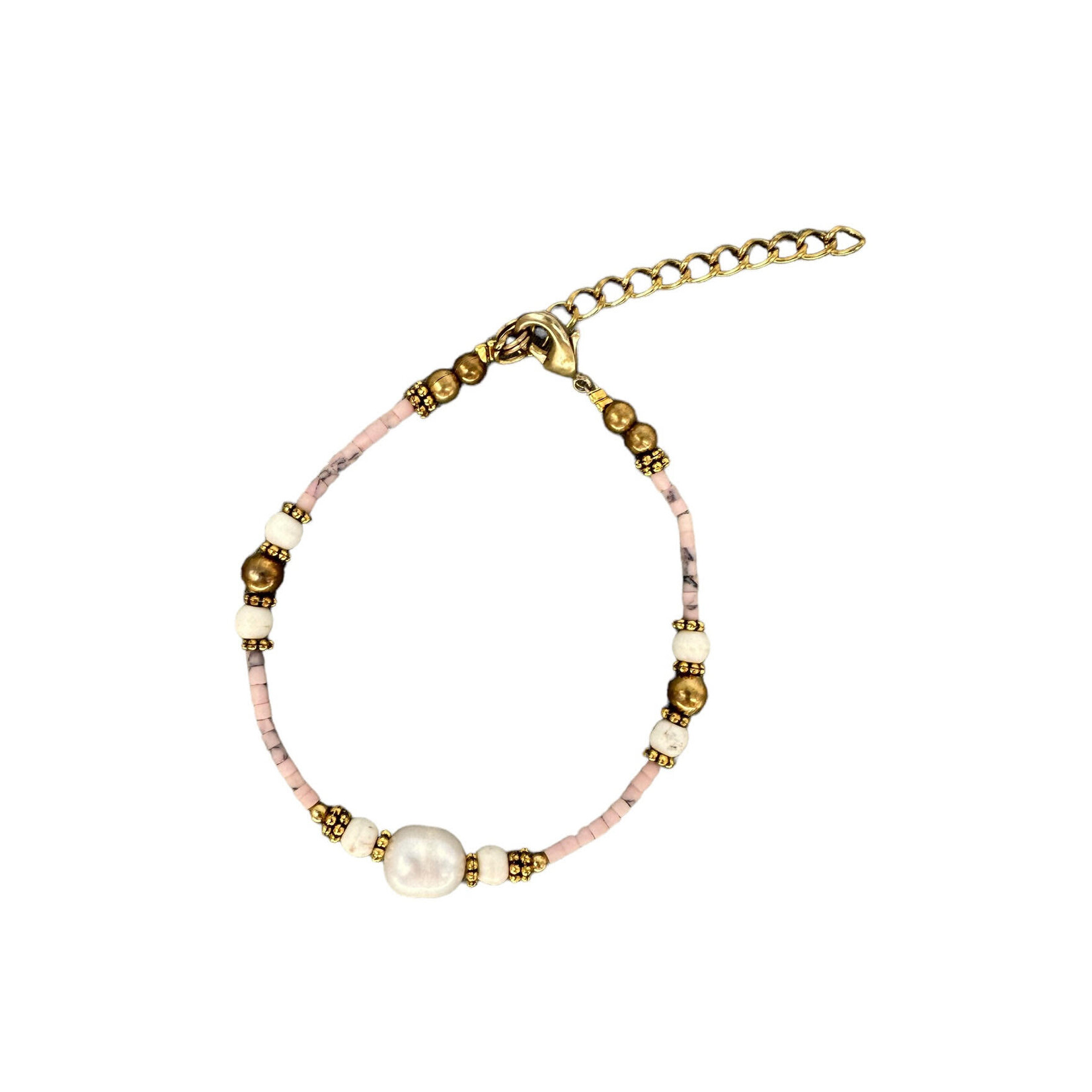 Pearl and Howlite Gemstone, Clay and Brass Bead Adjustable Bracelet Pink BB42
