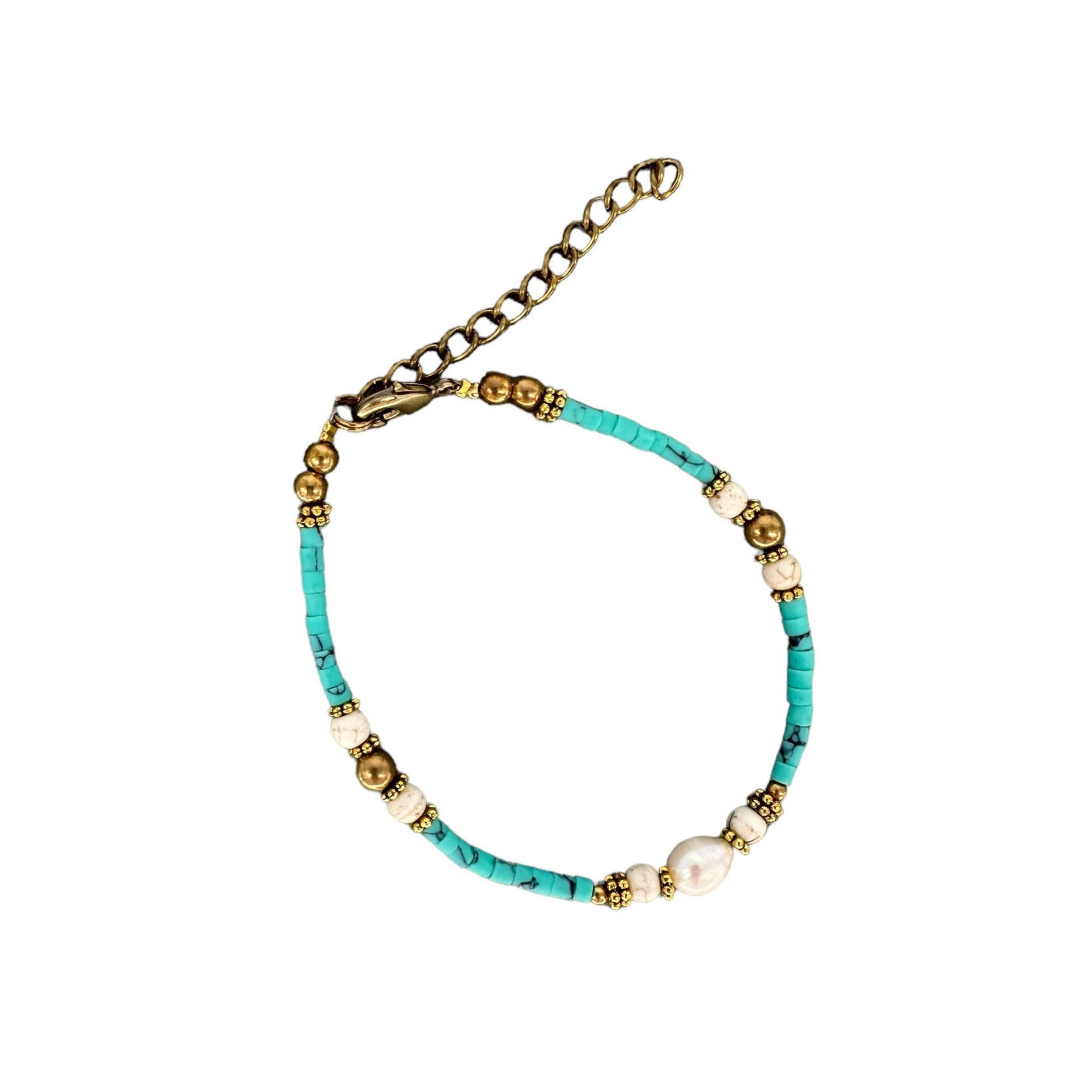 Pearl and Howlite Gemstone, Clay and Brass Bead Adjustable Bracelet Aqua Green BB47