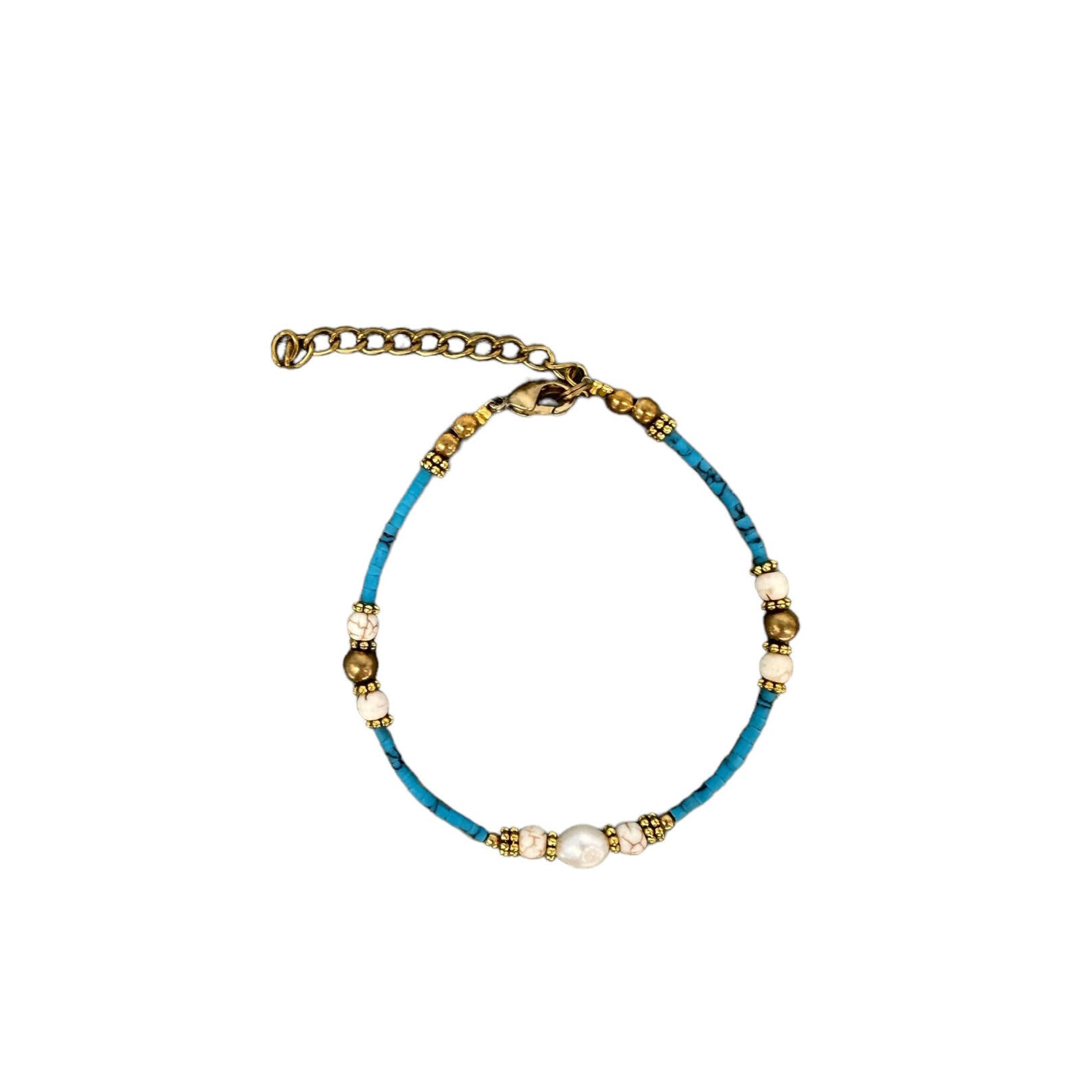 Pearl and Howlite Gemstone, Clay and Brass Bead Adjustable Bracelet Light Blue BB49