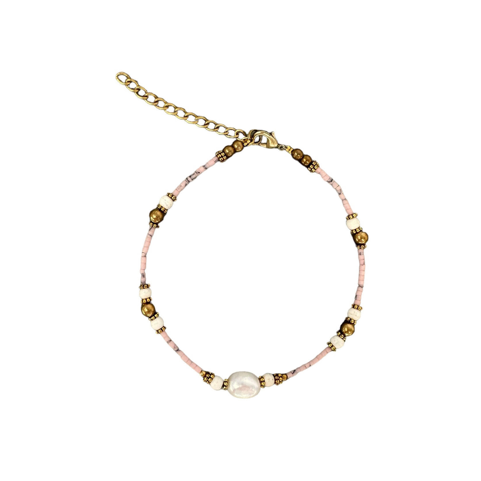 Pearl and Howlite Gemstone, Clay and Brass Bead Adjustable Anklet Pink BA40