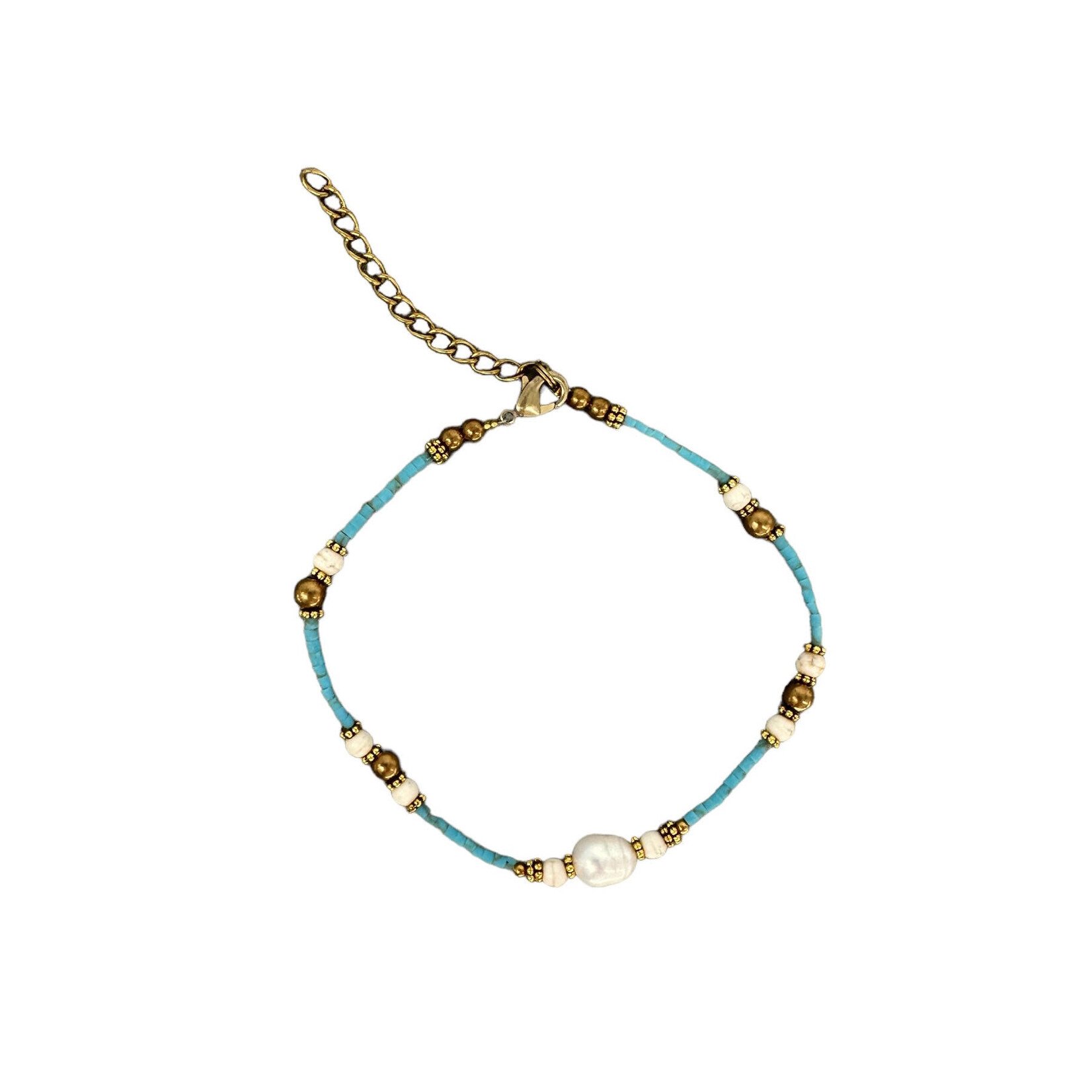 Pearl and Howlite Gemstone, Clay and Brass Bead Adjustable Anklet Turquoise BA43
