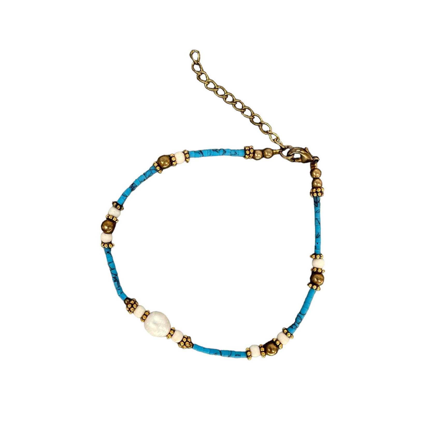 Pearl and Howlite Gemstone, Clay and Brass Bead Adjustable Anklet Light Blue BA44