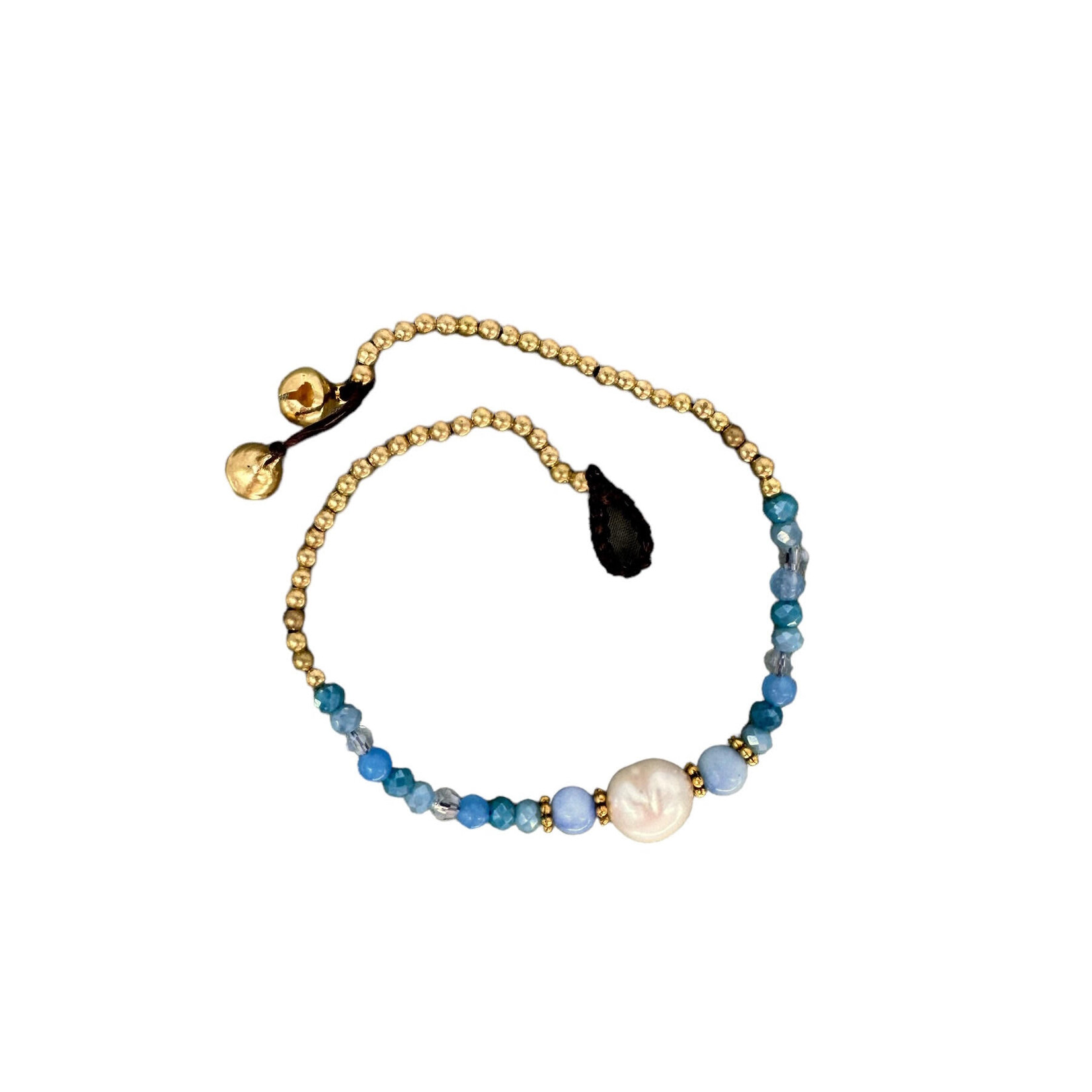 Pearl and Brass and Glass Bead Anklet Light Blue BA5