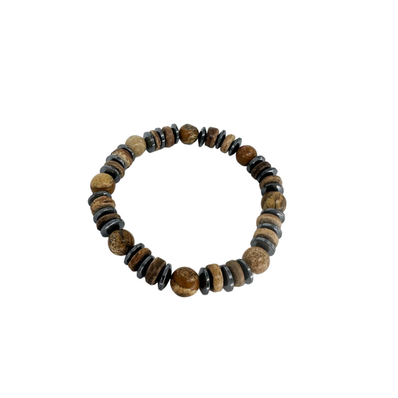 8mm Hematite, Coconut, and Picture Stone Stretch Bracelet