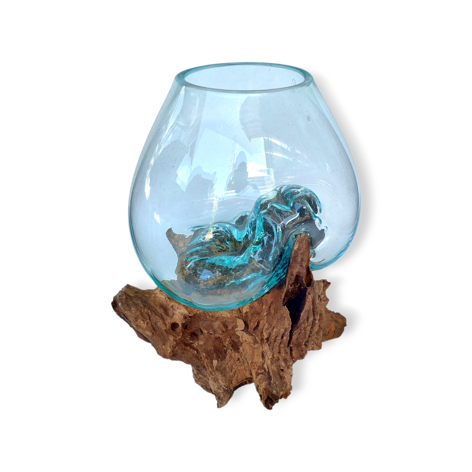 Hand Blown Recycled Glass Vase on Teak Wood Base 20cm Maka Imports