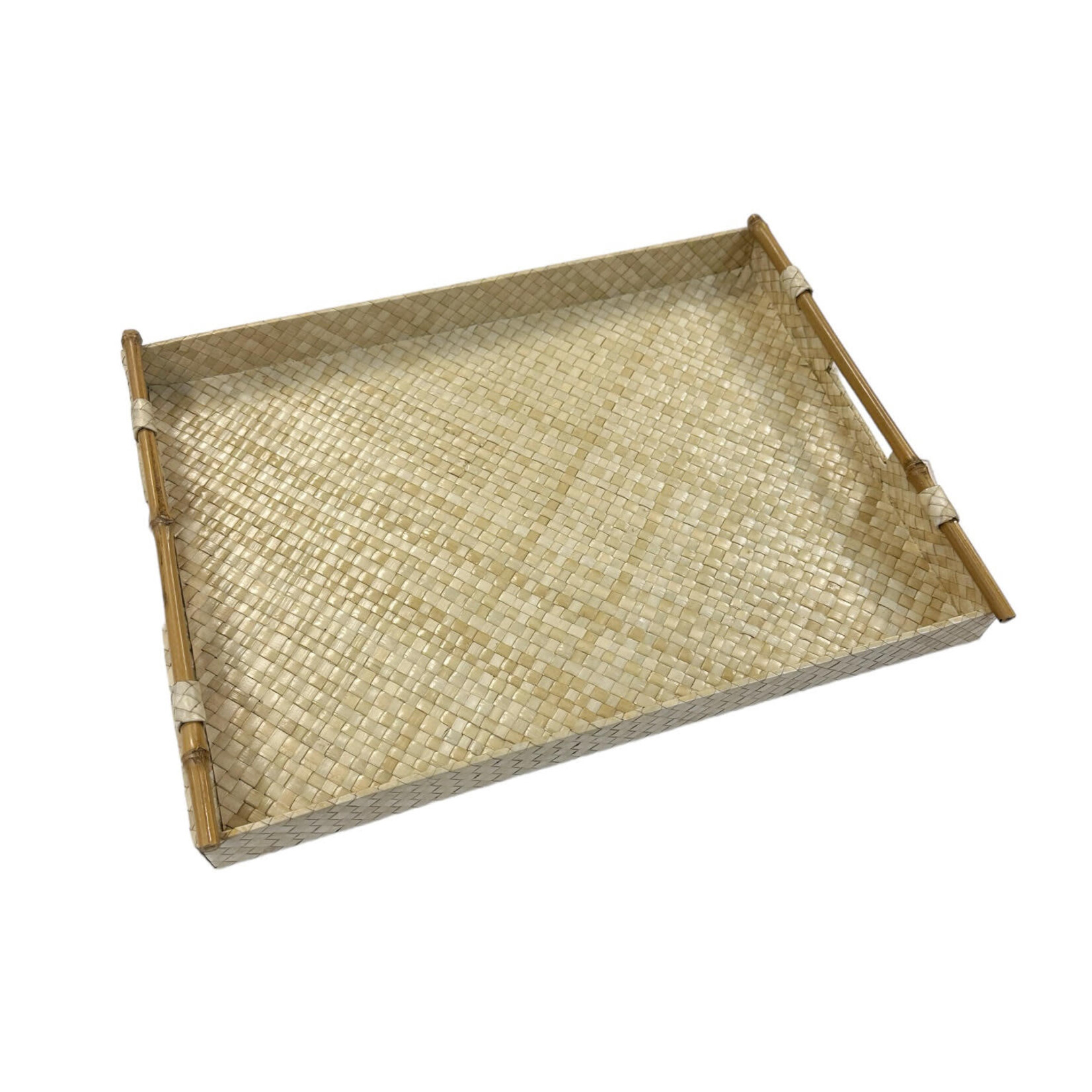 Hand Woven Lauhala Tray With Bamboo Handles Medium