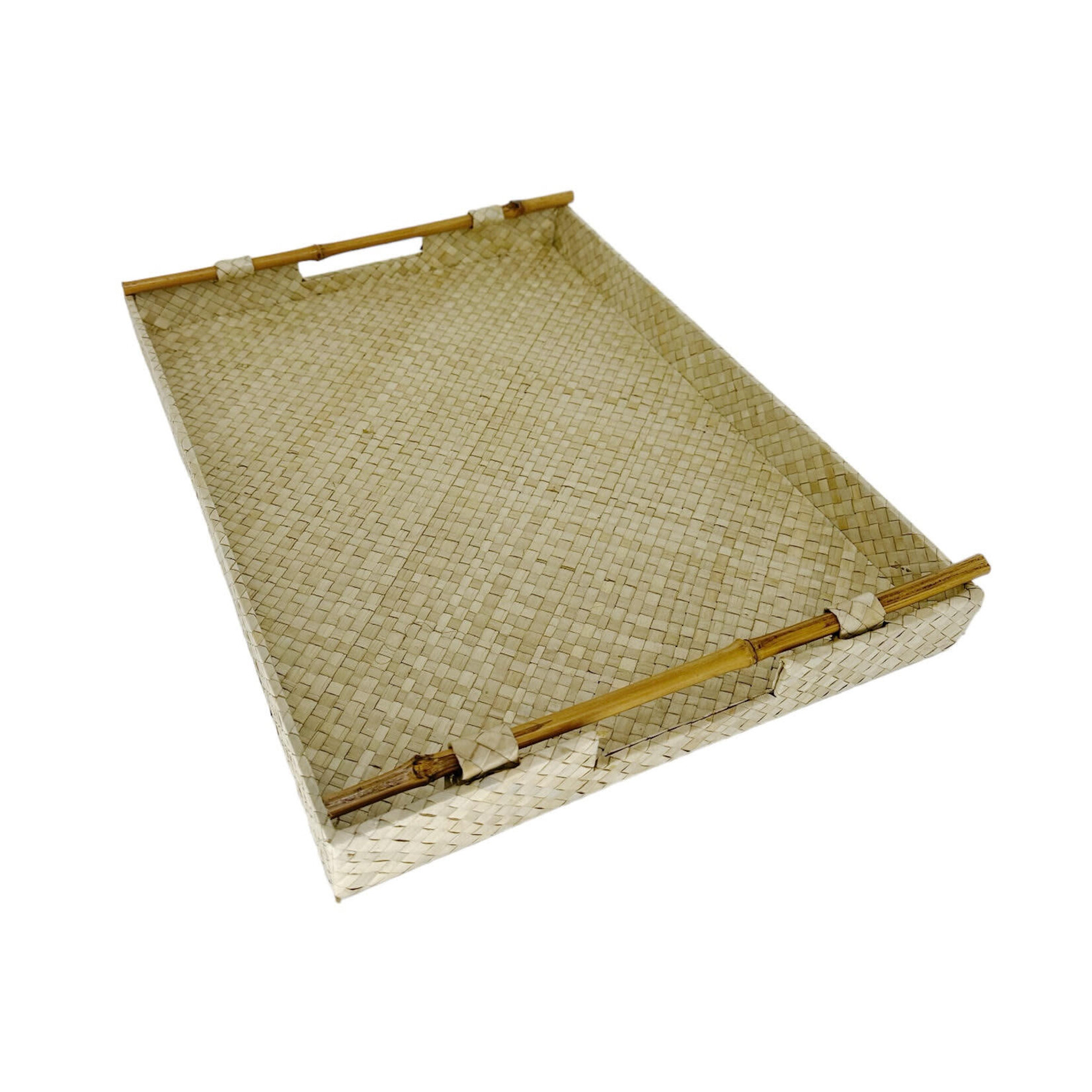 Hand Woven Lauhala Tray With Bamboo Handles Small