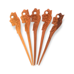 Hand Carved Fruitwood Hair Stick Flower Two Leaf Pack of 5