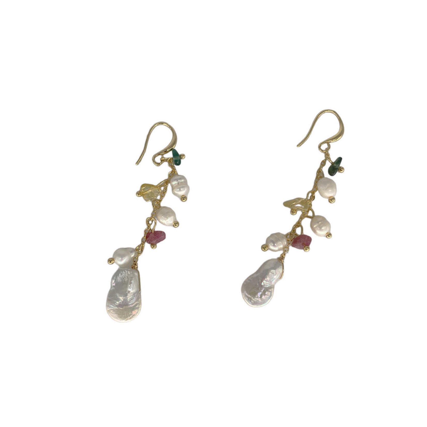 Copper Jade  Earrings with Pearls, Coin Pearl, and Tourmaline