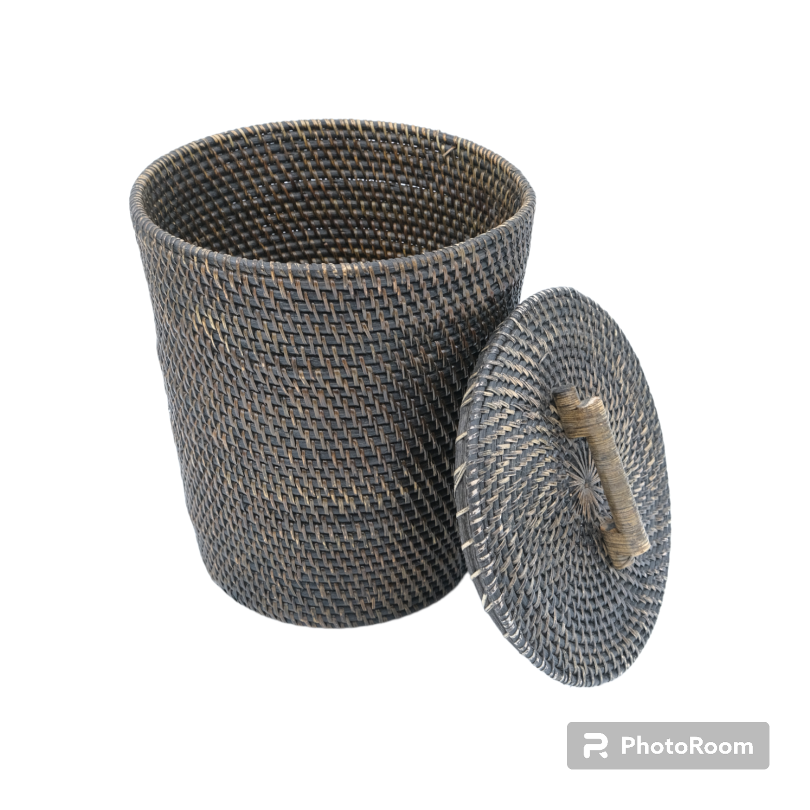 Hand Woven Rattan Bin With Lid Dark Natural