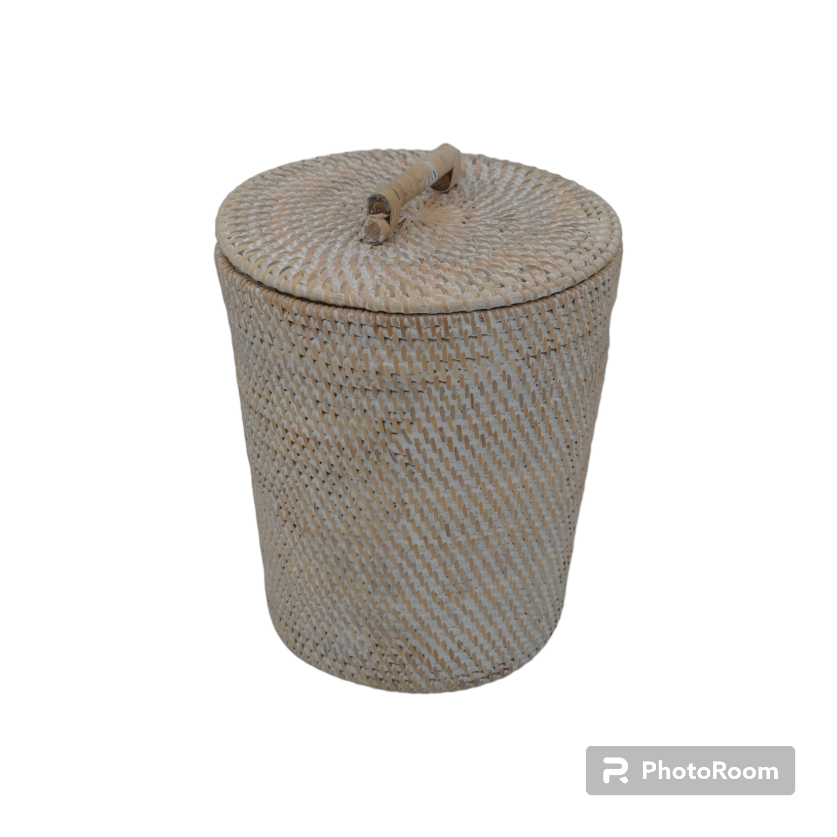 Hand Woven Rattan Bin With Lid White Wash