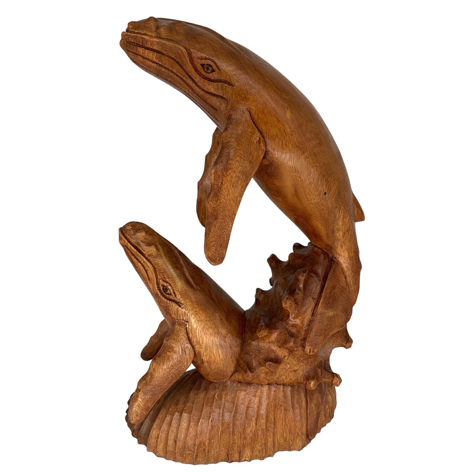 Hand Carved Breaching Mama and Baby Whale 40cm