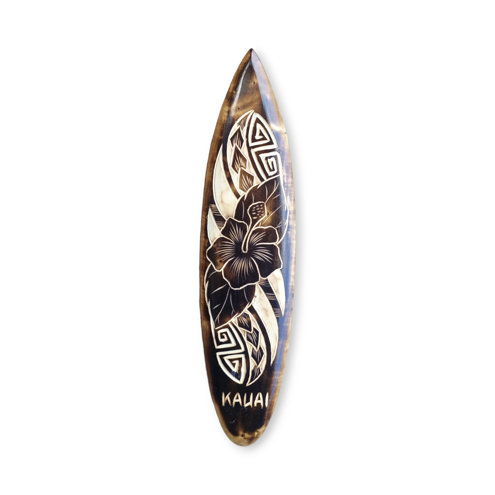 Hand Carved Albesia Wood Weathered Brown Kauai Surfboard Medium #3B