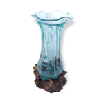 50cm MK1 Hand Blown Recycled Glass Scalloped Patterned Vase on Wood Base