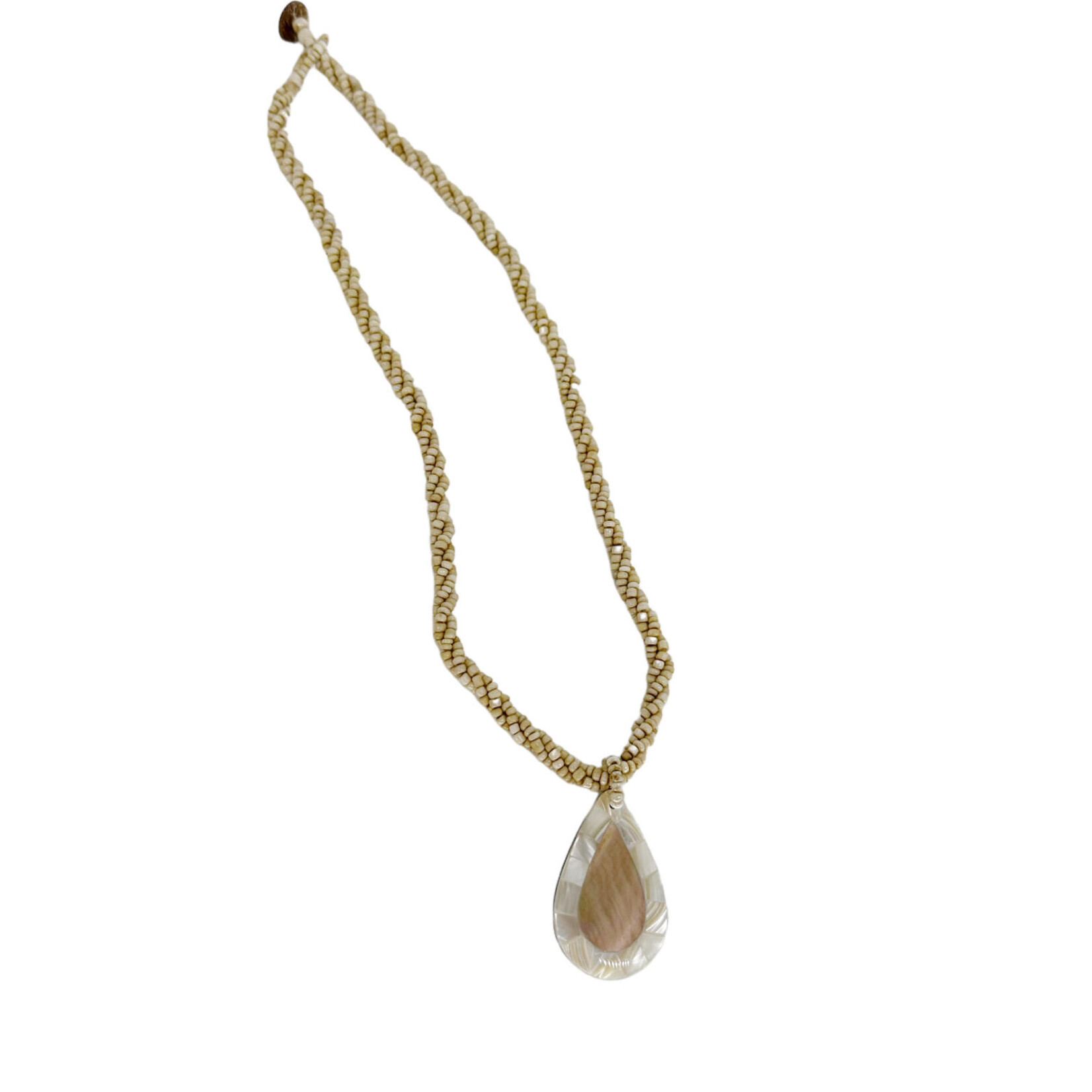 SN4 Petite Shell Necklace Gold Shell Raindrop on Tan Beads