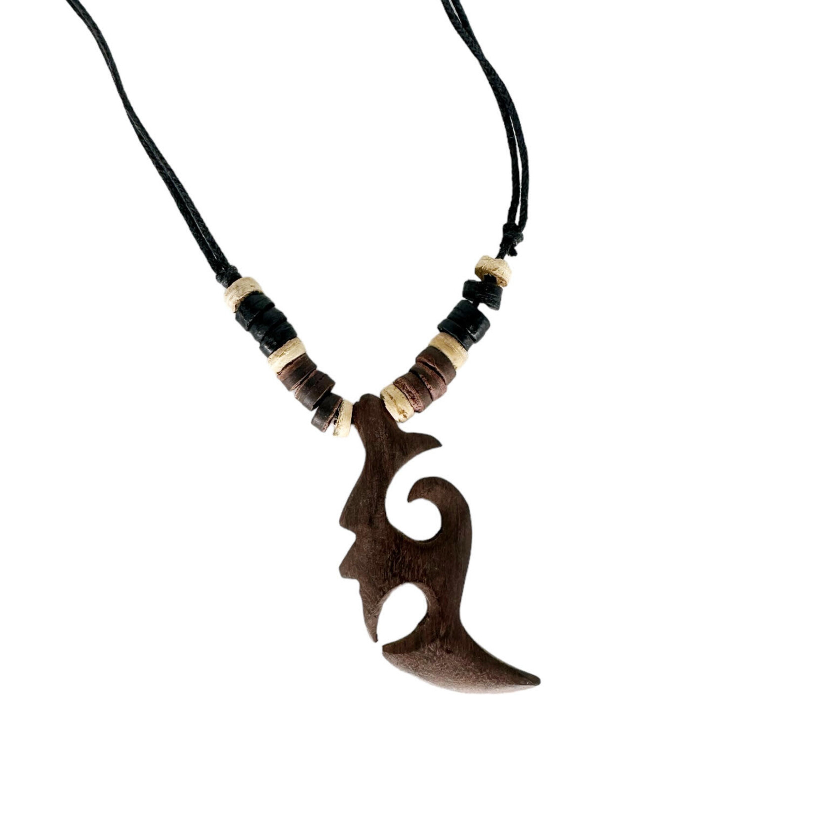 Carved Wood Tribal Hook Adjustable Cord Necklace