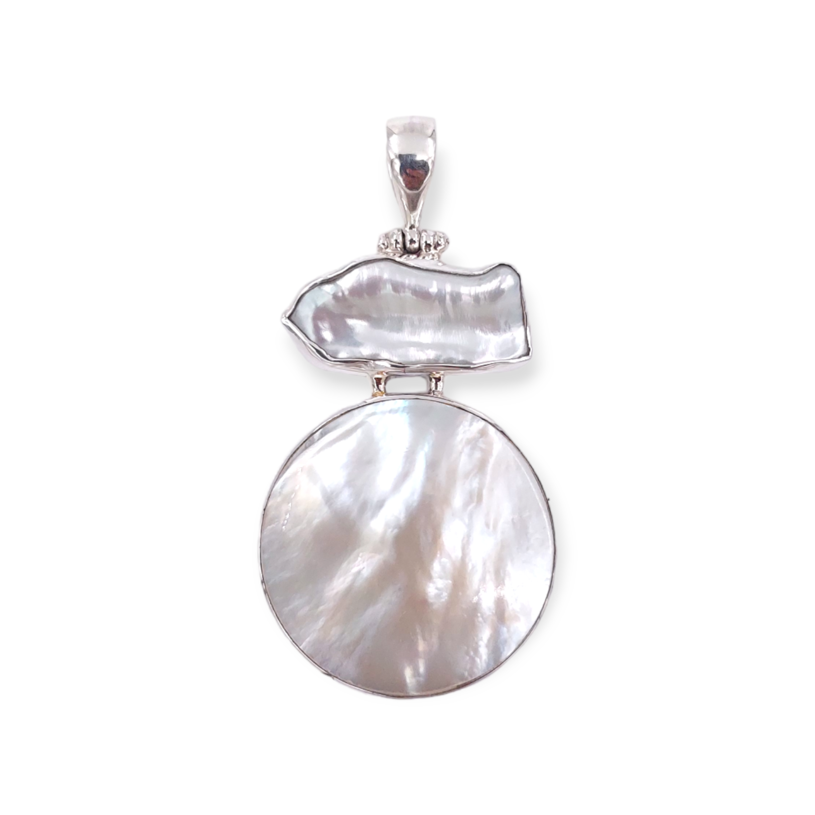P334 Sterling Silver Mother of Pearl and Biwa Pearl Pendant