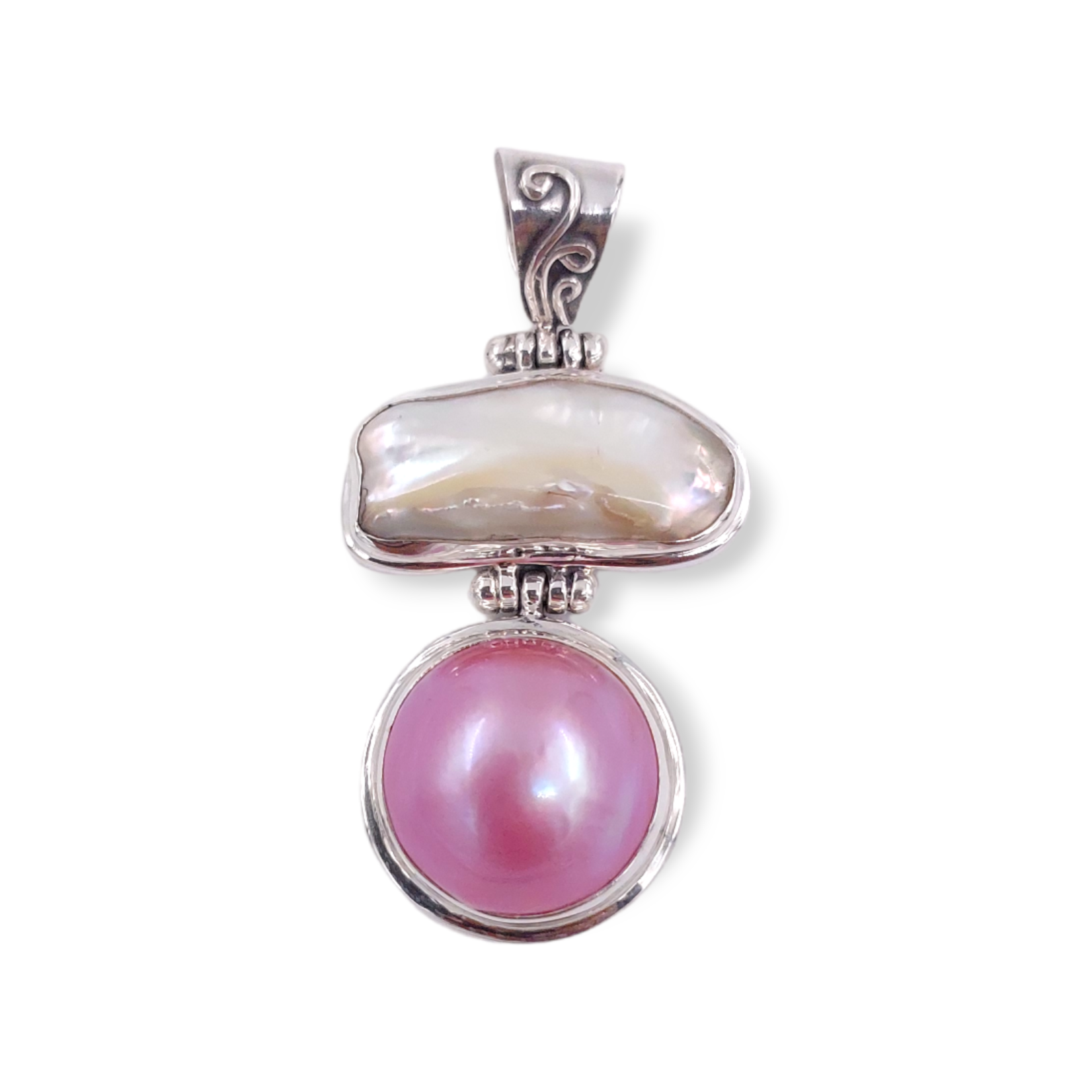 P418 Sterling Silver Biwa Pearl and Pink Pearl Pendant