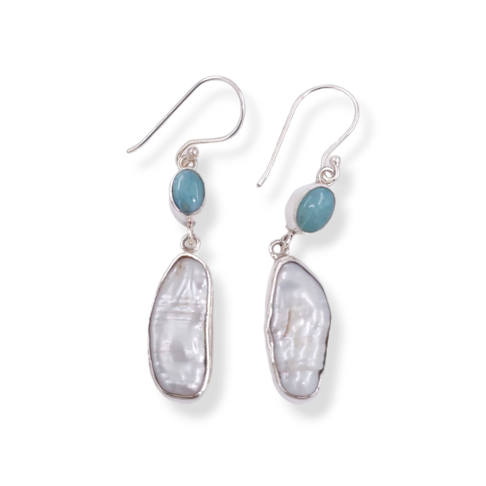 SE561 Sterling Silver Larimar and Biwa Pearl Dangle Earrings